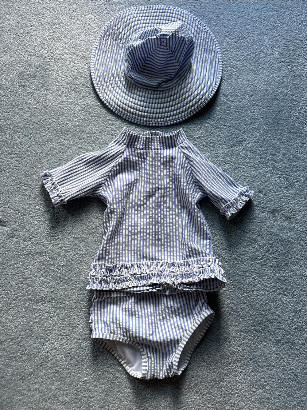 Ruffle Butts Blue and White Seersucker Striped Ruffle Swim Top, Bottom and Hat
